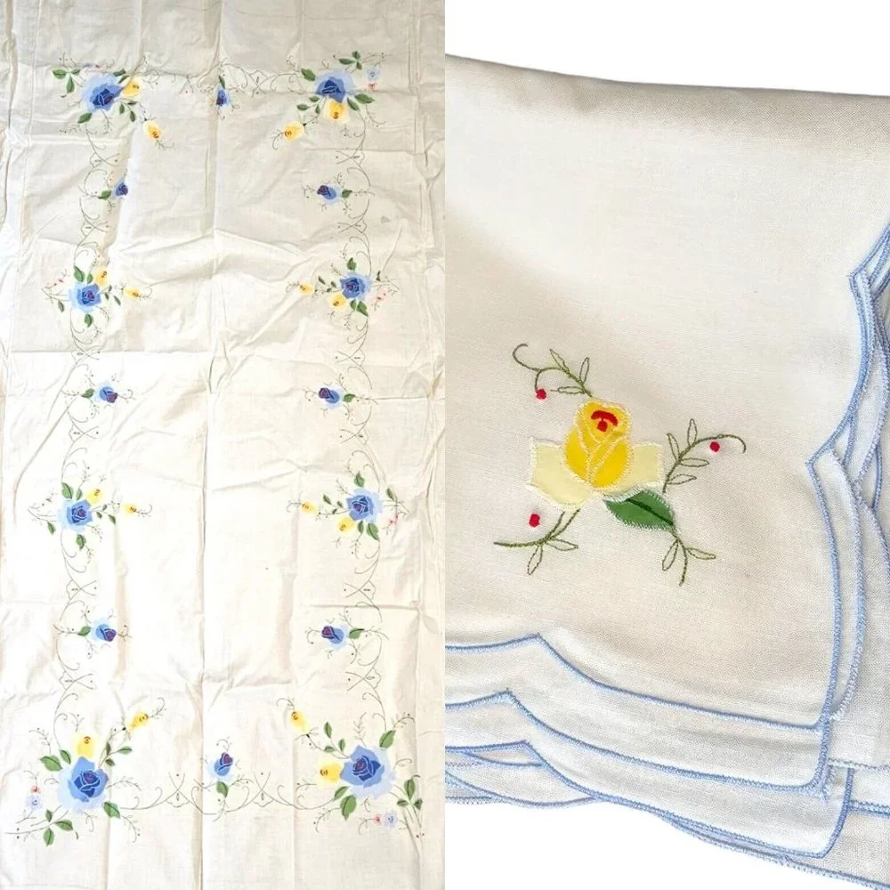 Rectangle Tablecloth Floral Blue Yellow Embroidered 12 Napkins White 63 X 100‎